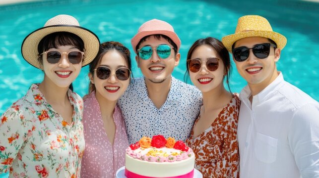 A group of happy stylish Asian friends celebrating a birthday together at a tropical poolside cabana with a festive cake and an atmosphere of warmth laughter and carefree vacation vibes