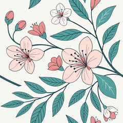 Delicate pink cherry blossoms and teal leaves adorn a soft cream background in a seamless stylized floral pattern celebrating springtime beauty and natural elegance