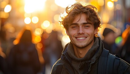Handsome young man smiles with blurred, golden light in the background. Use for ads, dating apps, travel blogs, lifestyle or student themes.