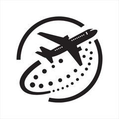 Plane flying with dotted travel path vector silhouette line art logo design concept illustration