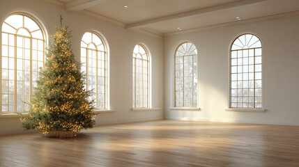Christmas tree in warm white lights in an empty room