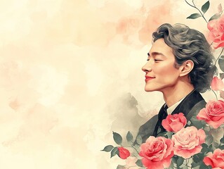 Watercolor painting shows a man with roses, profile, in suit. Perfect for themes related to love, beauty, or a spring event.