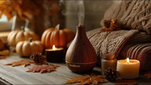 A cozy autumn scene presents gourds, candles, a wooden diffuser releasing steam, fall leaves, pine cones, & a knitted blanket