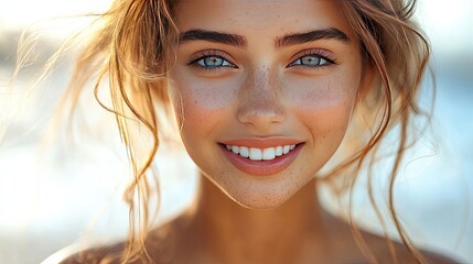Close-up portrait of a pretty woman with freckles and bright blue eyes smiling. Ideal for beauty blogs, skincare ads, or positive lifestyle content.