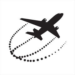 Plane flying with dotted travel path vector silhouette line art logo design concept illustration
