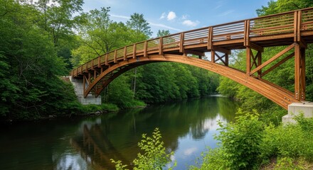 Fototapeta premium Contemporary wooden pedestrian bridge spanning a serene river in a lush green forest
