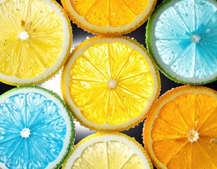 Citrus slices, vibrant hues, backlit, bubbly surface, close-up