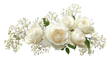 Close-up of a bouquet of white roses and small white flowers