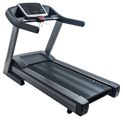 Modern exercise equipment, designed for indoor running and fitness routines, is displayed against a black background, featuring a treadmill with a digital interface, handrails, and an inclined...
