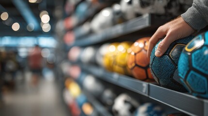 A person selects a blue soccer ball from a sports store shelf filled with various colorful balls.