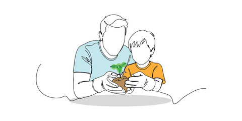 Minimalist one-line drawing of father and son holding a young plant together, symbolizing love, family bond, parenting, education, sustainability, and environmental care.