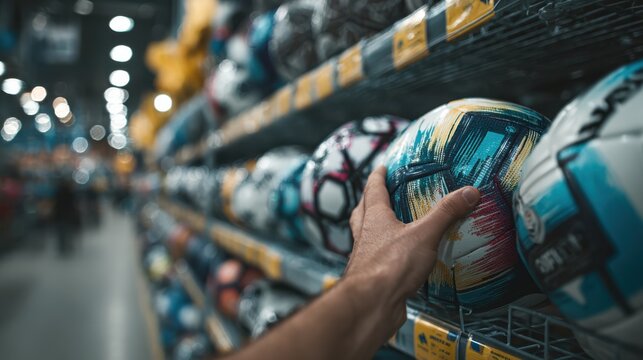 A person selecting a colorful soccer ball from a store shelf filled with various sports balls under bright lighting.