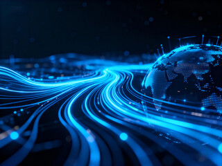 Glowing blue digital network in dark space, symbolizing AI, data flow, internet, and futuristic tech.Generated by AI