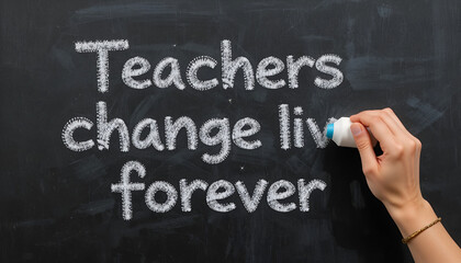 A hand holding a chalk eraser is in the process of removing the word forever from the phrase teachers change lives forever on a blackboard