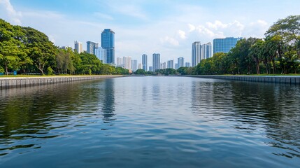 Wide panoramic view of futuristic coastal Smart Flood Barrier integrated with green urban infrastructure. 