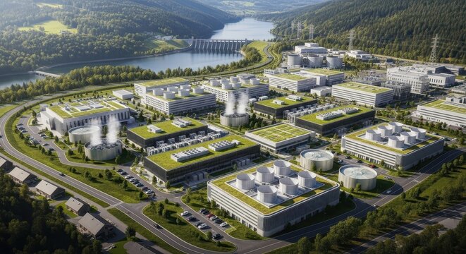 Aerial view of a vast modern data center campus with green roofs, powered by a hydroelectric dam