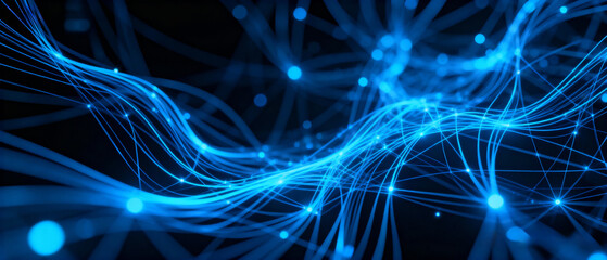 Glowing blue digital network in dark space, symbolizing AI, data flow, internet, and futuristic tech.Generated by AI