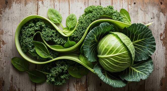 High angle view of fresh green vegetables including kale, spinach, and cabbage on a rustic wooden table - Powered by Adobe