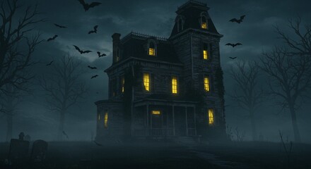 Eerie haunted Victorian mansion shrouded in fog with bats flying under a dark, stormy sky creating a spooky Halloween atmosphere