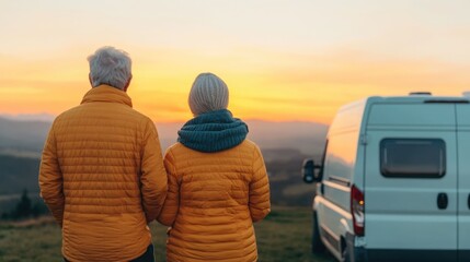 Elderly Caucasian couple embracing and sipping coffee as they sit outside their camper van surrounded by a picturesque mountain landscape at the tranquil dawn of a new day