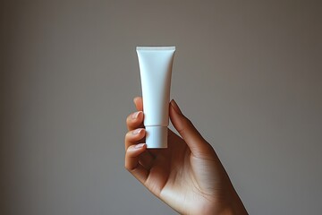 Woman's hand holds a white tube of cream against a plain, neutral backdrop. Use it to showcase beauty products, hand creams, or skincare items.