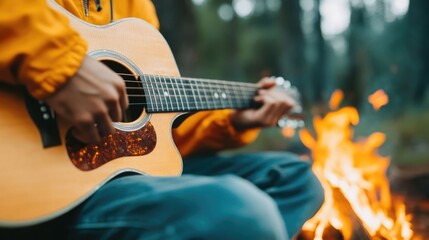 Obraz premium Acoustic Guitar Player Performs Relaxing Melodies by Cozy Campfire in Scenic Outdoor Wilderness Setting Autumn Nature Landscape in the Background