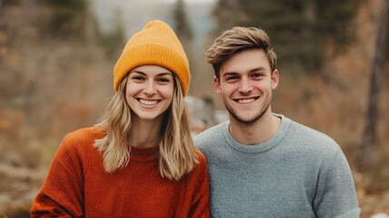 Fototapeta premium Cheerful young couple sharing a cozy outdoor breakfast together in the scenic autumn woods surrounded by the natural beauty of the forest
