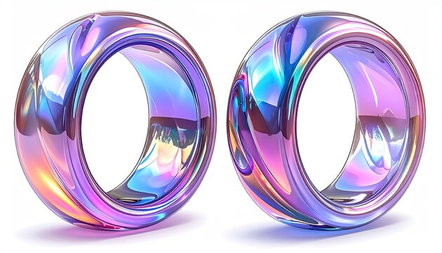 Two iridescent, clear torus shapes