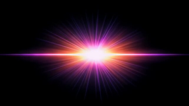 Bright Light Burst Effect with Purple and Orange Hues on Black Background.