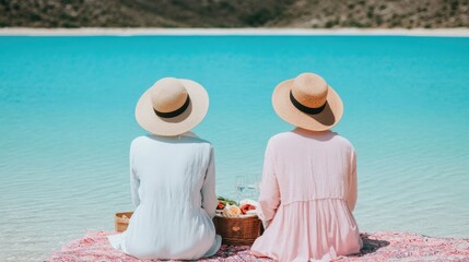 Two Muslim women dressed in traditional attire arranging a cozy and inviting picnic setup near the tranquil crystal clear waters of a scenic lake surrounded by a peaceful natural landscape