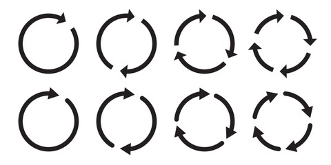 Circle arrows icon set. different circular arrows of white background. Black color, different thickness. Recycle icon set, refresh, repeat, Vector illustration. Stock image. Best design. EPS 10.