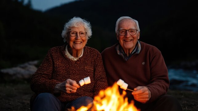 Cheerful Elderly Caucasian Couple Toasting Marshmallows over a Crackling Riverside Campfire in a Peaceful Autumn Landscape