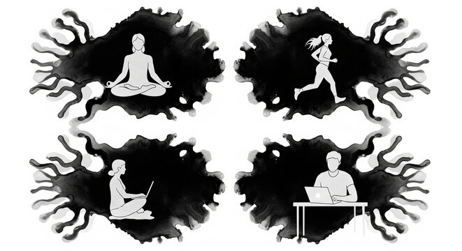 Diverse People Practicing Wellness and Work Activities Amidst Abstract Ink Splatters - Powered by Adobe