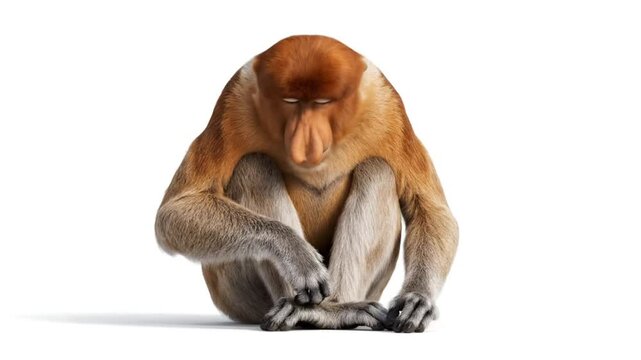 proboscis monkey sitting and looking up on white background