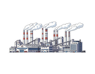 Detailed Factory Vector Illustrative Power Plant with Chimneys and Smoke for Industrial Design Projects
