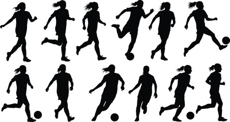 Silhouette of soccer players running, kicking ball, playing football sport, athletic movement action, team training exercise, sports activity illustration design