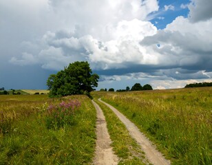 Obraz premium Country road under stormy sky