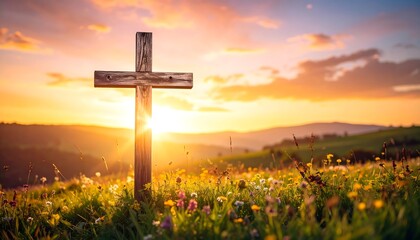 Wooden cross in a field at sunset