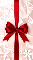 Red ribbon bow on a textured, light-pink gift wrap