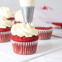 Red velvet cupcakes being iced
