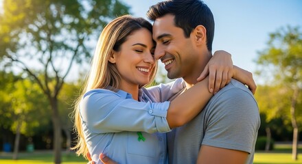 Obraz premium Affectionate Young Couple Embracing Outdoors with Eyes Closed in Sunny Park