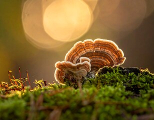 Closeup of Colorful Mushroom on Mossy Ground.