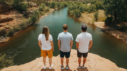 Group of young friends enjoying an outdoor scenic camping trip by a riverside capturing the beautiful landscape and scenery using a drone