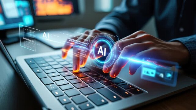 Close-up of hands typing rapidly on a laptop keyboard with glowing orange fingertips and holographic AI interface floating above with blue light flows, conveying high-tech focus and interaction