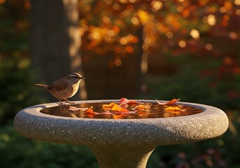 Small bird on autumn birdbath
