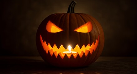 Fototapeta premium Spooky carved Halloween pumpkin glowing with eerie orange light and flickering candle inside, creating a dramatic festive atmosphere perfect for seasonal decorations.
