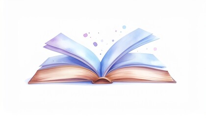 Fototapeta premium Watercolor illustration of an open book with gently fluttering pages, painted in soft pastel tones, simple clipart style on a clean white background