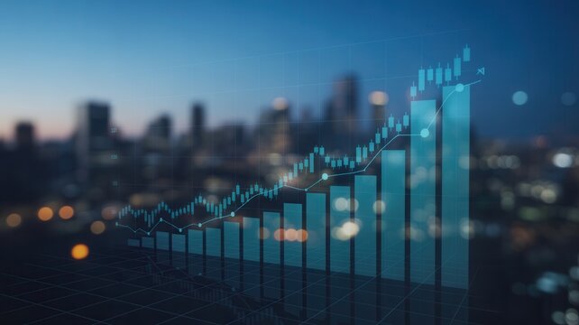 Dynamic financial growth chart superimposed over a blurred city skyline at dusk, symbolizing business success and economic progress.