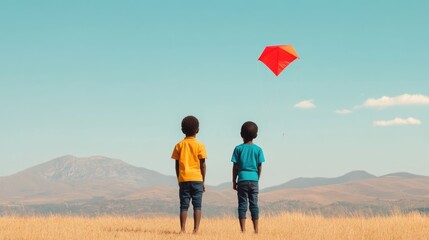 Carefree African children happily flying vibrant kites on a windy mountain plain with a tent in the background showcasing the joy and freedom of childhood in a remote natural landscape