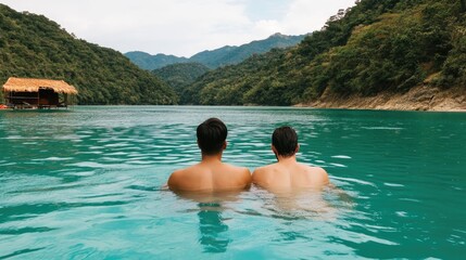 Two young adults enjoying a peaceful swim in a tranquil turquoise lake surrounded by a lush verdant mountain landscape near their camping tent setup  The serene